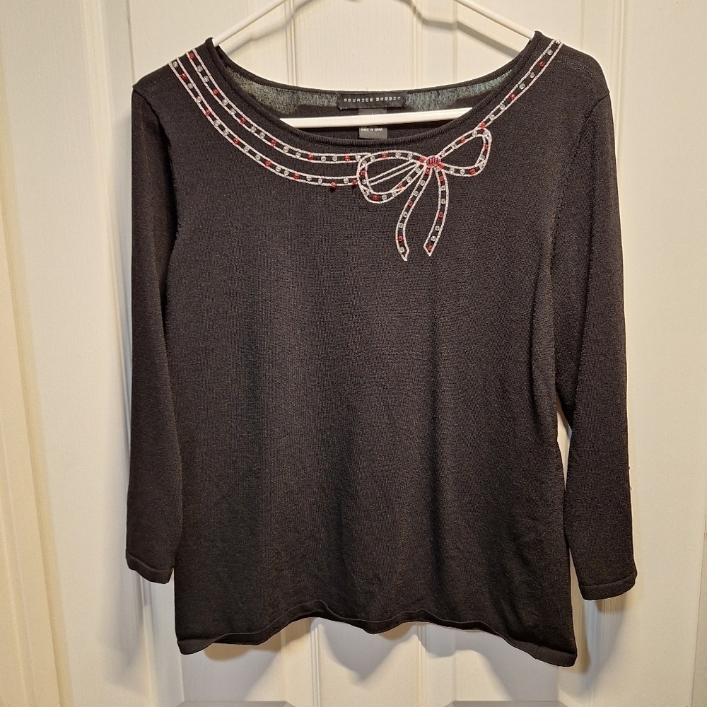 Black Rayon Sequin Bow Detail Top Size Large